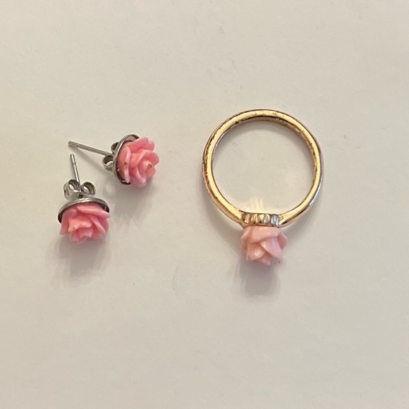 Pink rose ring with silver  earrings set - Picture 2 of 4